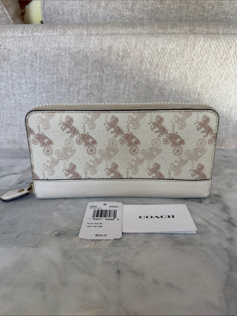 Coach Horse Carriage Ivory and Tan Signature Zip Wallet